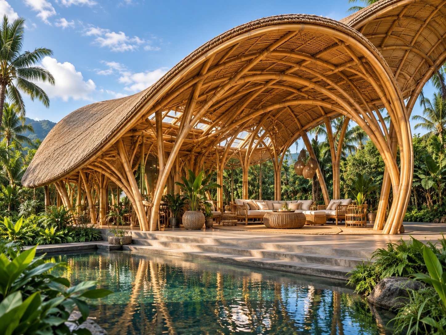 Curved engineered bamboo pavilion beside a reflecting pool