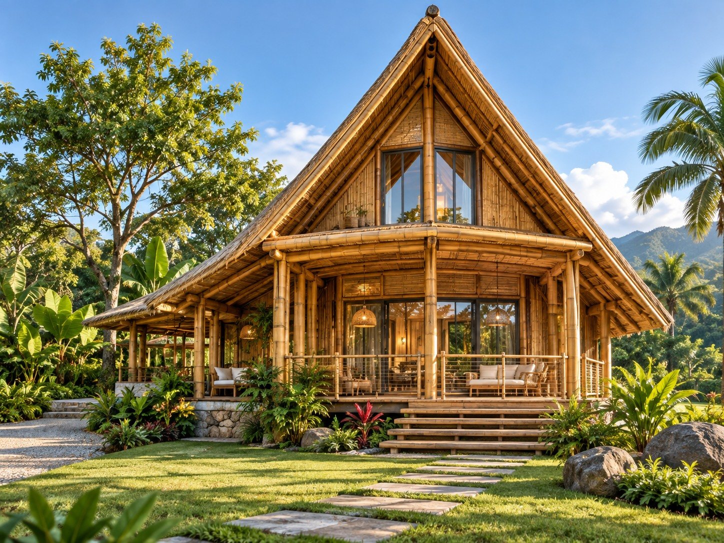 Contemporary A-frame bamboo farmhouse in a tropical garden
