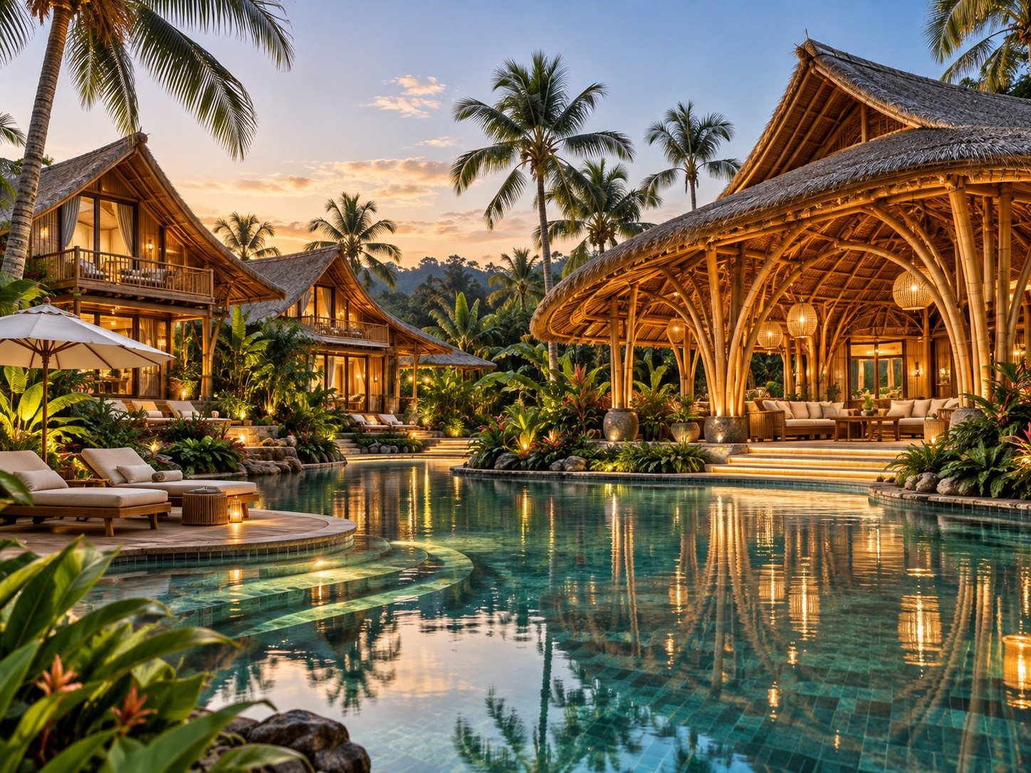 Luxury bamboo resort with villas and a tropical pool