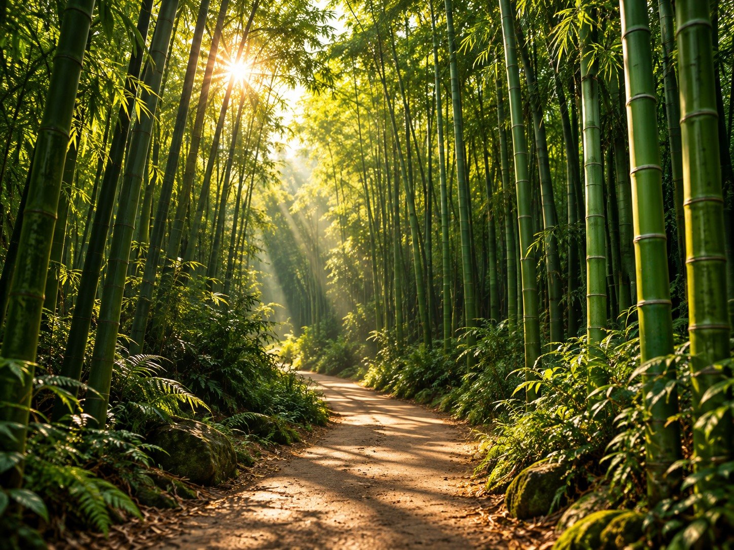 Sunlight filtering through a dense bamboo forest